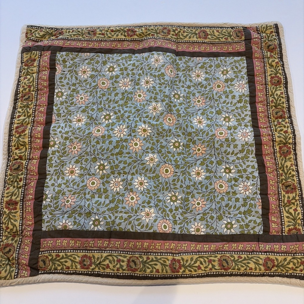 Company Store Euro Pillow Sham 26x26 Quilted Cotton Blue Floral Block Print READ